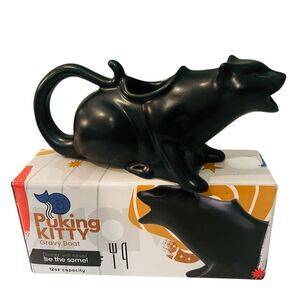 Puking Kitty Black Ceramic Gravy Boat   8.5"L NEW